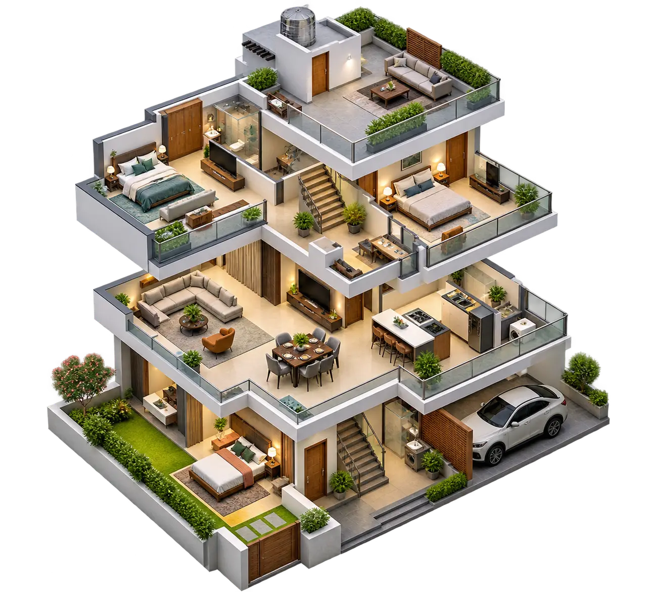 Conceptual four-bedroom multi-level villa planning study